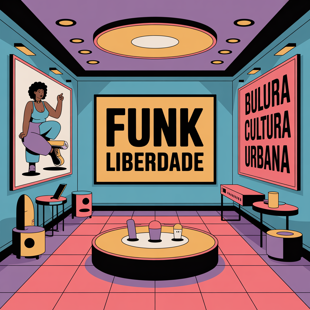 Representação ilustrada de uma exposição cultural sobre o funk brasileiro com painéis iluminados.