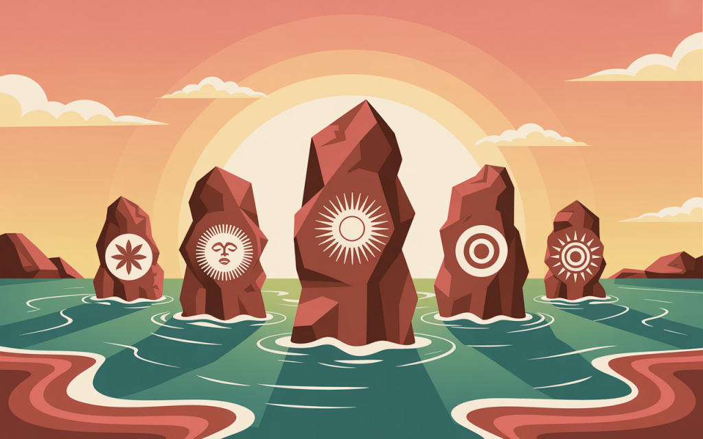 Representação visual dos cinco pilares temáticos da música ‘Licença’: ancestralidade, diálogo geracional, fusão geográfica, respeito ao tempo e força feminina.